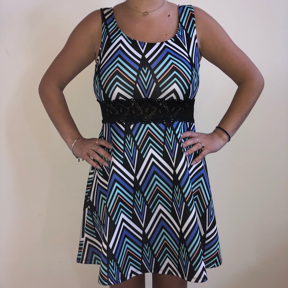 Blue, White & Black Dress - Sheer Lace Strip - L